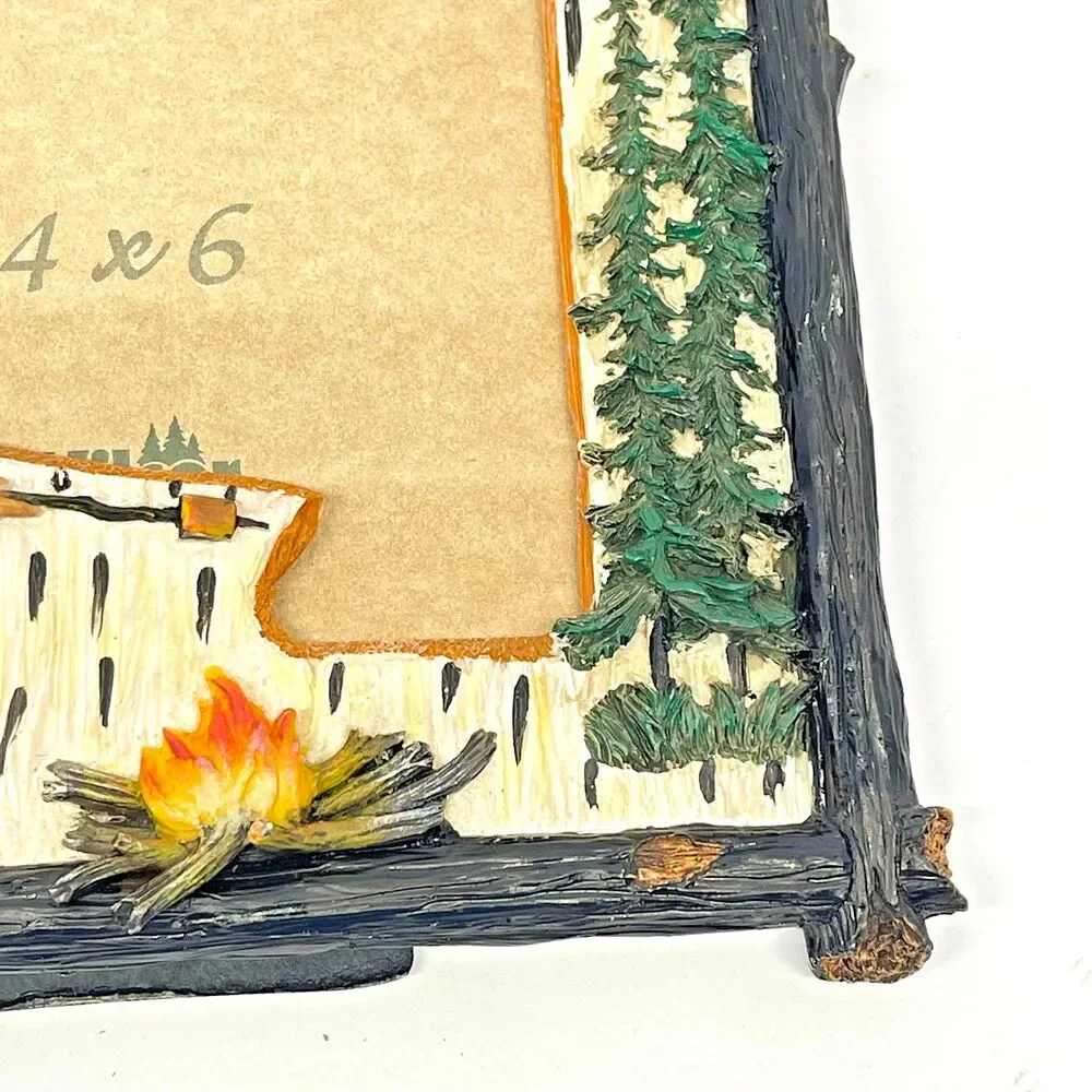 Vintage Wilcor 4x6 Photo Frame Hand Painted Camping Girl with Campfire Rustic